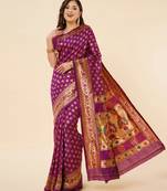 Wine Woven Silk Blend Saree With Blouse