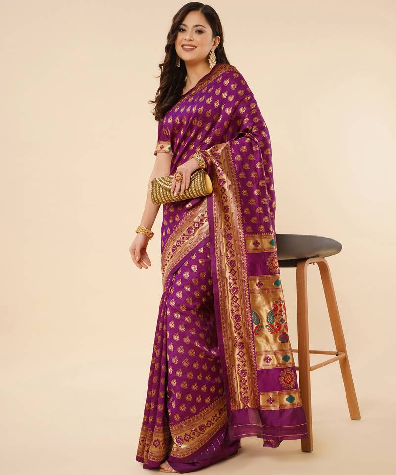 Wine Woven Silk Blend Saree With Blouse