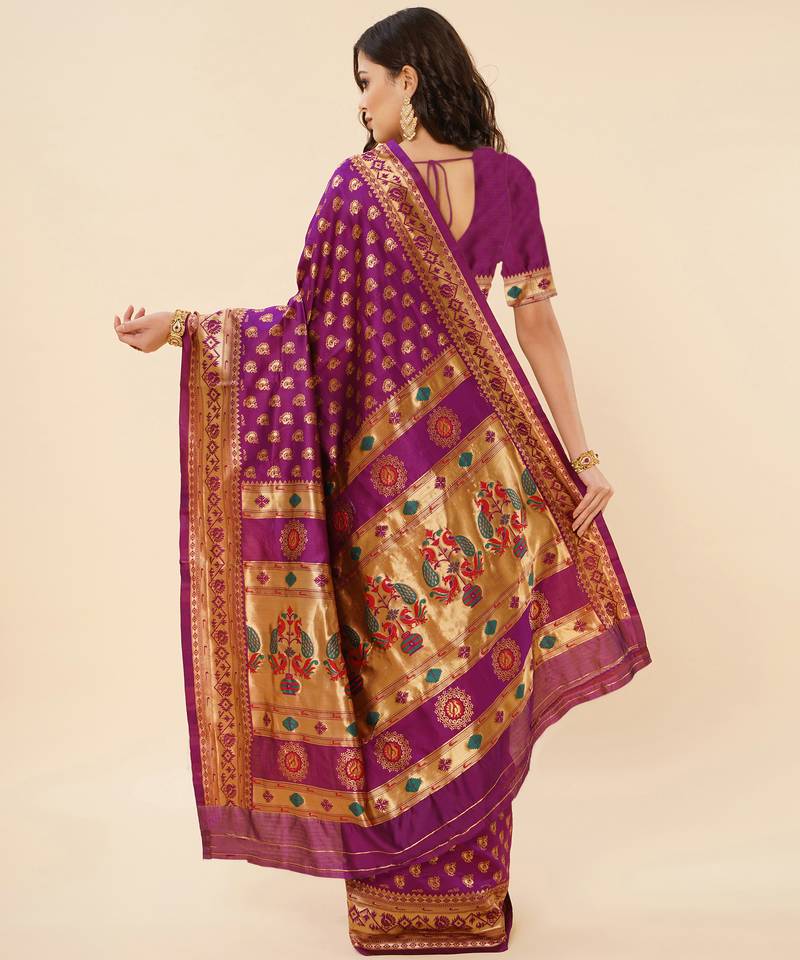 Wine Woven Silk Blend Saree With Blouse