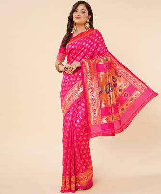 Pink woven silk blend saree with blouse 1