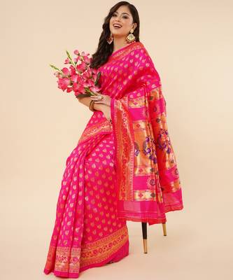 Pink woven silk blend saree with blouse 2