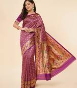 Wine Woven Silk Blend Saree With Blouse