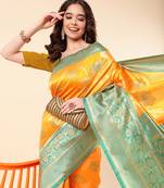 Gold Woven Silk Blend Saree With Blouse