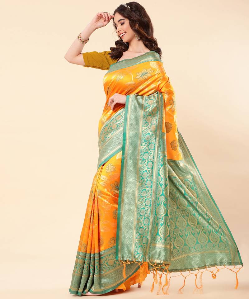 Gold Woven Silk Blend Saree With Blouse