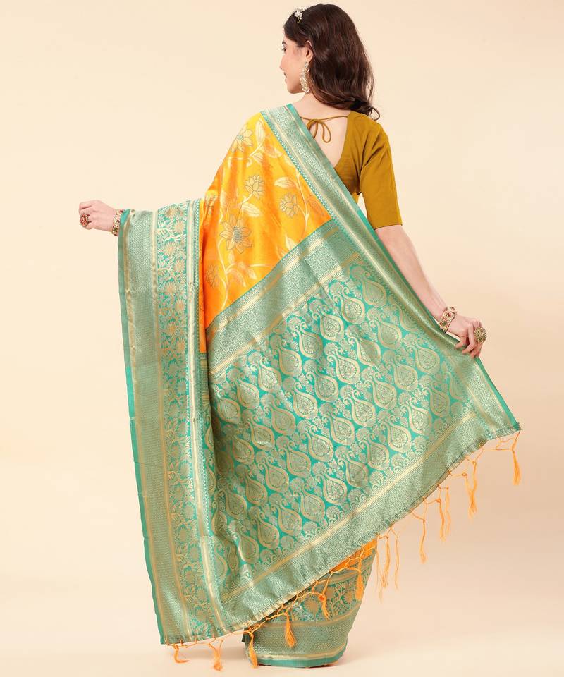 Gold Woven Silk Blend Saree With Blouse