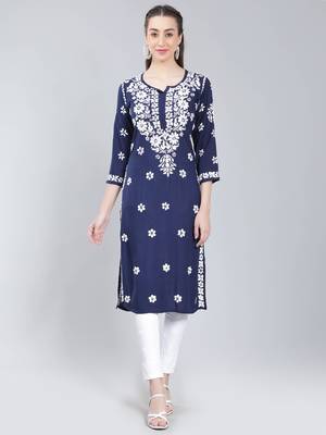 Navy-blue embroidered rayon long-kurtis 1
