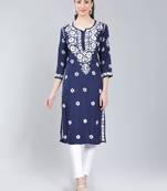Navy-blue embroidered rayon long-kurtis