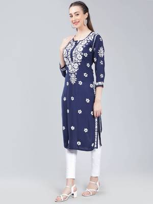 Navy-blue embroidered rayon long-kurtis 2