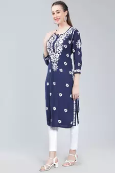 Navy-blue embroidered rayon long-kurtis