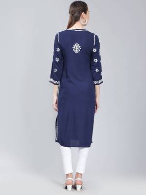 Navy-blue embroidered rayon long-kurtis 3