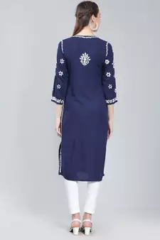 Navy-blue embroidered rayon long-kurtis