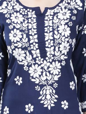 Navy-blue embroidered rayon long-kurtis 4
