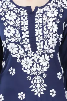 Navy-blue embroidered rayon long-kurtis