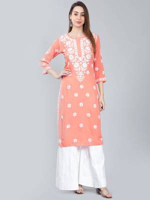 Peach embroidered rayon long-kurtis 1