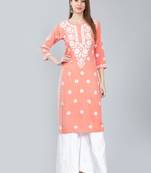Peach embroidered rayon long-kurtis