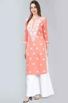 Peach embroidered rayon long-kurtis