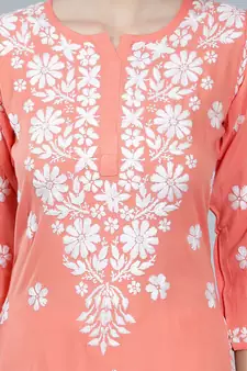 Peach embroidered rayon long-kurtis
