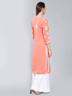 Peach embroidered rayon long-kurtis 4