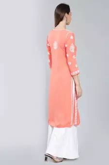 Peach embroidered rayon long-kurtis