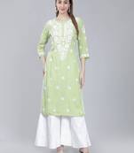 Green embroidered cotton long-kurtis