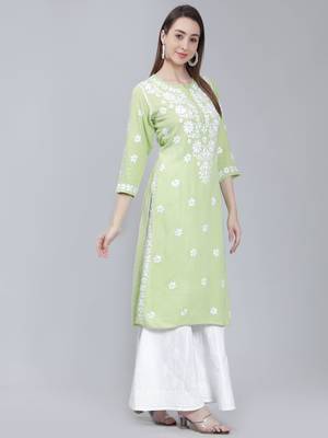 Green embroidered cotton long-kurtis 2