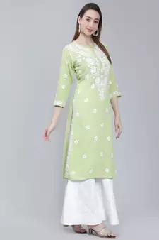 Green embroidered cotton long-kurtis