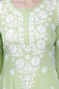 Green embroidered cotton long-kurtis