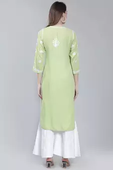 Green embroidered cotton long-kurtis