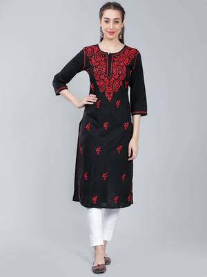 Black embroidered cotton long-kurtis 1