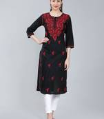 Black embroidered cotton long-kurtis