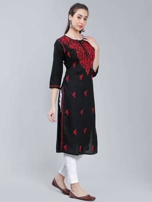 Black embroidered cotton long-kurtis 2