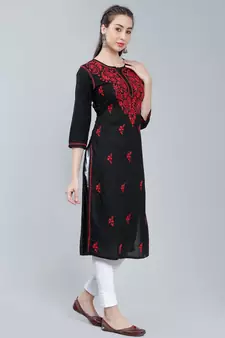 Black embroidered cotton long-kurtis