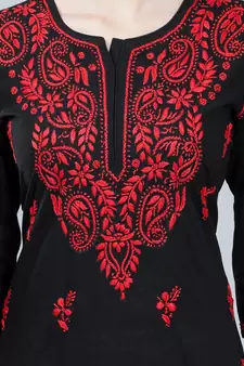 Black embroidered cotton long-kurtis