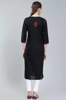 Black embroidered cotton long-kurtis