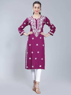 Purple embroidered rayon long-kurtis 1