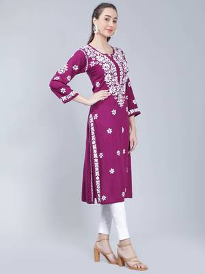 Purple embroidered rayon long-kurtis 2