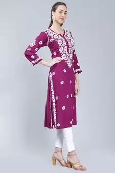 Purple embroidered rayon long-kurtis