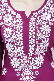 Purple embroidered rayon long-kurtis