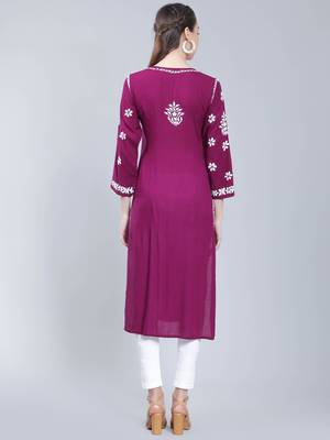 Purple embroidered rayon long-kurtis 4