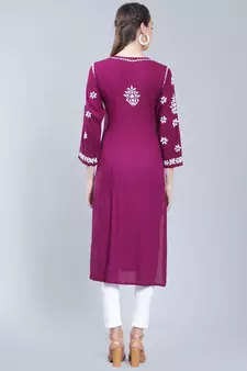 Purple embroidered rayon long-kurtis