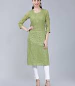 Green embroidered georgette long-kurtis