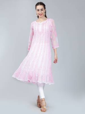 Pink embroidered georgette long-kurtis 1