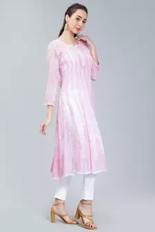 Pink embroidered georgette long-kurtis