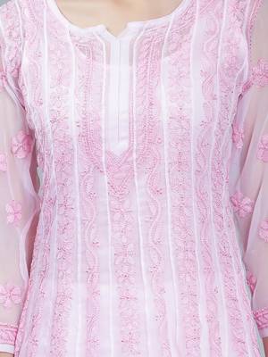 Pink embroidered georgette long-kurtis 3