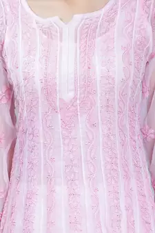 Pink embroidered georgette long-kurtis