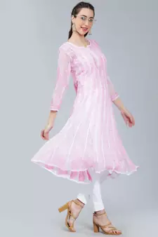 Pink embroidered georgette long-kurtis