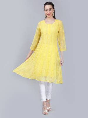 Yellow embroidered georgette long-kurtis 1