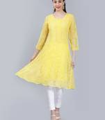 Yellow embroidered georgette long-kurtis