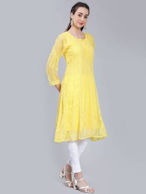 Yellow embroidered georgette long-kurtis 2