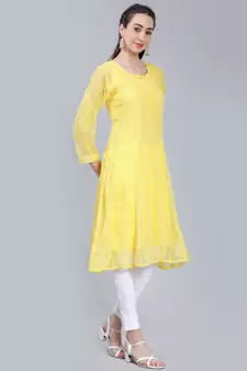 Yellow embroidered georgette long-kurtis